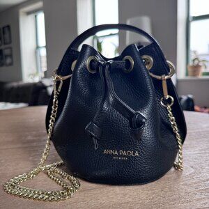 Anna Paola Genuine Leather Black Bucket Bag